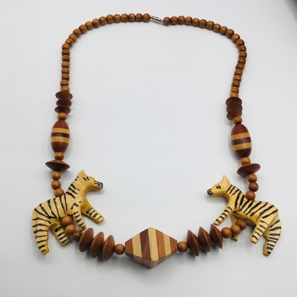 VTG Statement Necklace Wood Animal African Safari Zebra Beads Jungle Retro - Picture 2 of 9